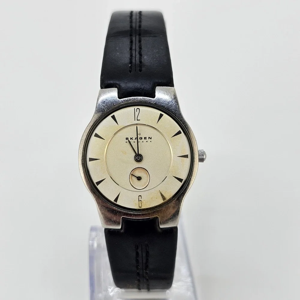 Skagen Women's Watch 28MM Cream Dial Brown Leather Bands NEW Battery READ